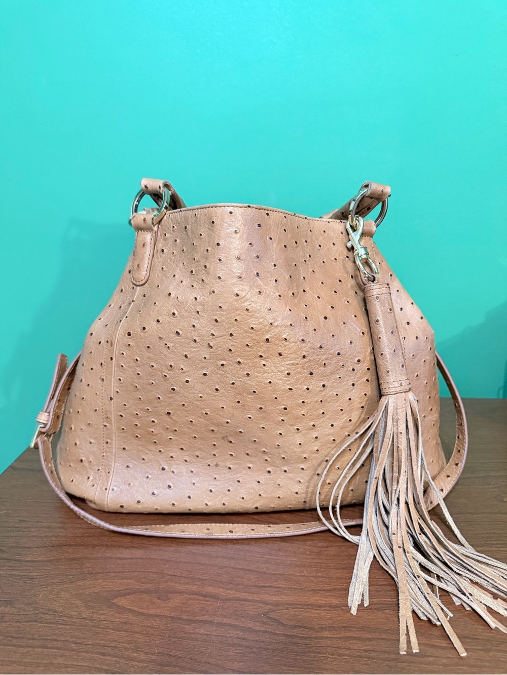 G.I.L.I. Tan Ostrich Embossed Leather Hobo Tote Bag + Tassel & Dust Bag